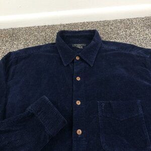 Vintage 90s GUESS Shirt Grid Corduroy L/S Button Up Navy Blue Mens XL